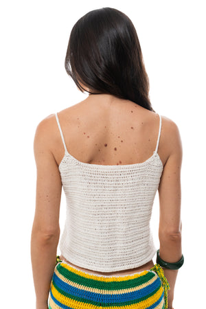 Blusa Aquarela do Brasil de crochê vista de costas, com alças finas