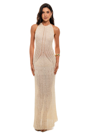 Vestido Copa longo off white em crochê de linha de seda, gola alta, no corpo inteiro